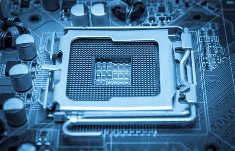 Electronic collection - Empty CPU socket toned blue Empty CPU processor so... Stock Photos