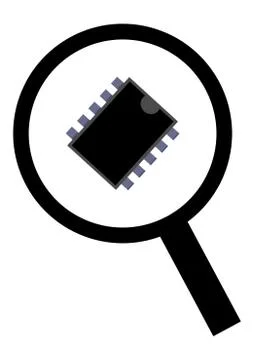 The electronic component of the chip is enlarged by a magnifying glass. Stock Illustration