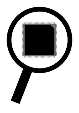 The electronic component of the chip is enlarged by a magnifying glass. Stock Illustration