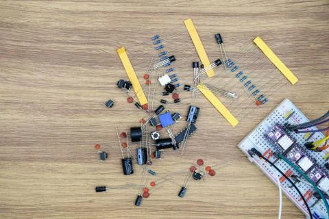 Electronic component connected with breadboard. 스톡 사진