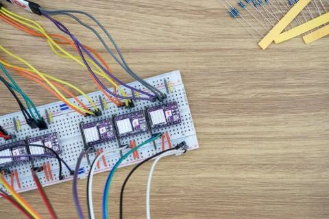 Electronic component connected with breadboard. Stock Photos