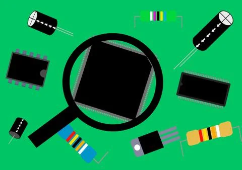 Electronic components and magnifying loupe template for text. Stock Illustration