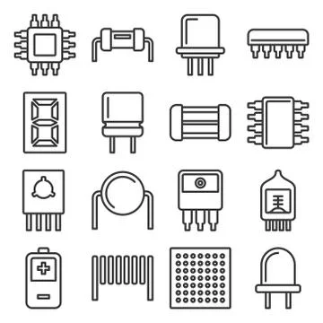 Electronic Components and Microchip Icons Set. Line Style Vector Stock Illustration