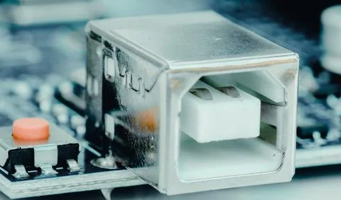 Electronic components, chips and capacitors on the blue pcb, close up view... Stock Photos