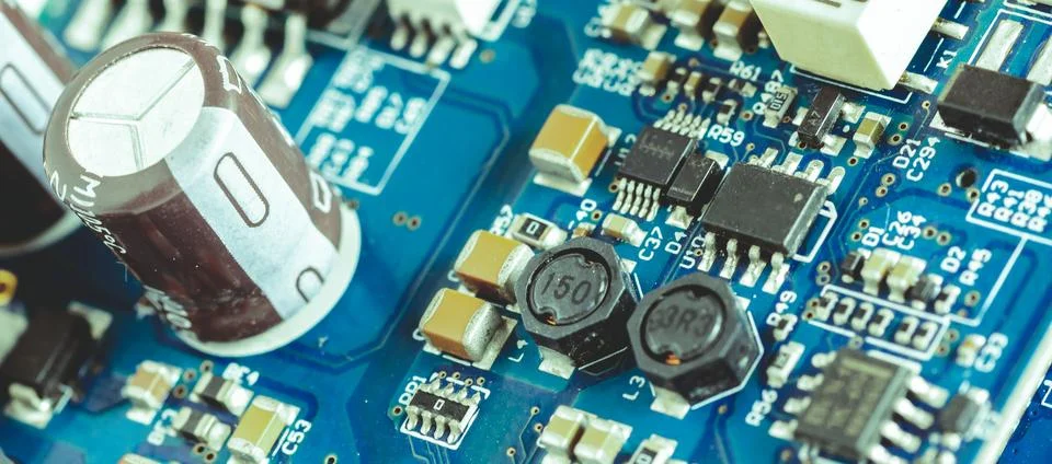 Electronic components, chips and capacitors on the blue pcb, close up view... Stock Photos
