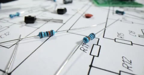 Electronic components on a circuit diagram and transistors Stock Footage 274129393