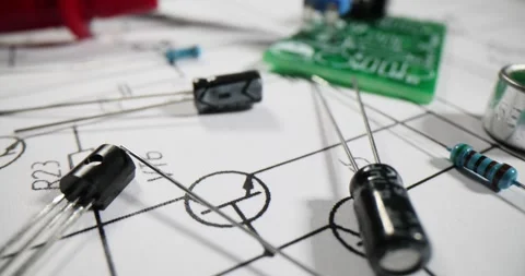 Electronic components on a circuit diagram and transistors Stock Footage 280787944