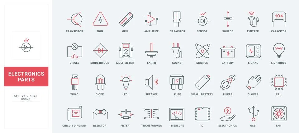 Electronic components, electric circuits and devices, hardware symbols line Stock Illustration