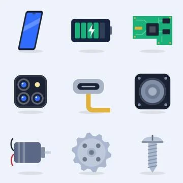Electronic components flat design icon set with smartphone, battery, circuit Stock Illustration