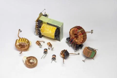 Electronic components: inductors with toroid core, small transformer and high Stock Photos