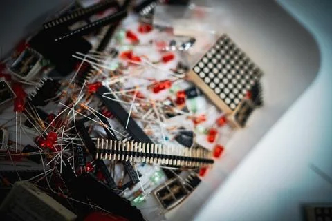 Electronic components inside the box Stock Photos