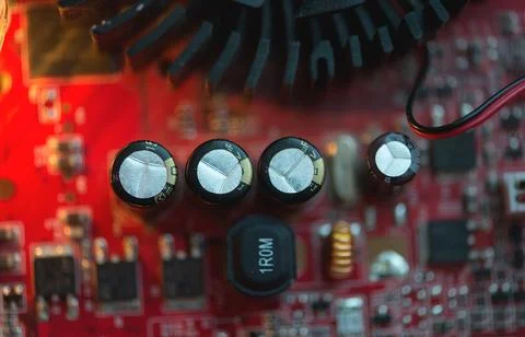 Electronic Components Inside Modern Red Circuit Board Stockfoto's