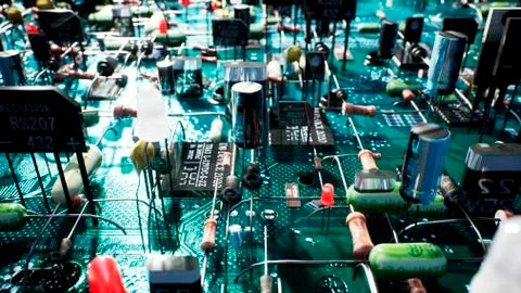 Electronic components inside a technological device: microchips, transistors Stock Illustration