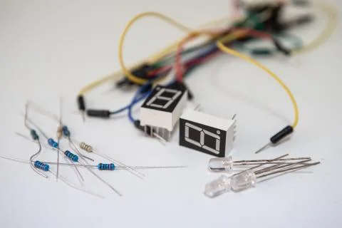 Electronic components. Marker, resistance, cable, diode, switch. 스톡 사진