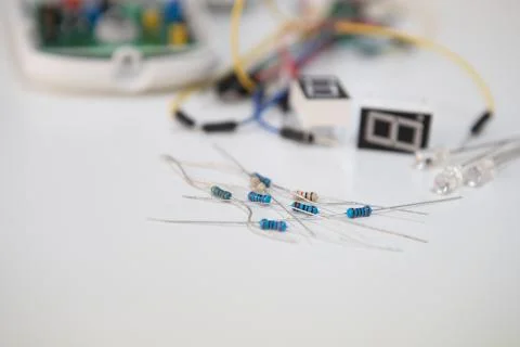 Electronic components. Marker, resistance, cable, diode, switch. 스톡 사진