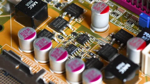 Electronic Components, Microchip and Capacitors on PC Motherboard. Stock Footage 233073385