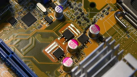 Electronic components of a modern PC Motherboard Stock Footage 232425002