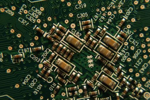Electronic components mounted on a circuit board Stock Photos