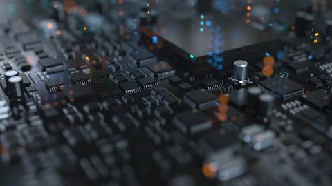 Electronic components on a printed circuit board in large quantities Stock Photos