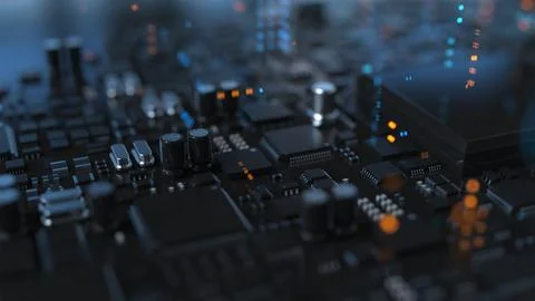 Electronic components on a printed circuit board in large quantities Stock Photos