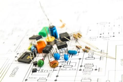 Electronic components on a schematic diagram background. Stock Photos