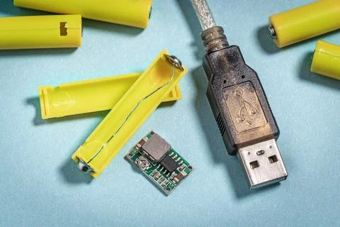 Electronic components for self-making batteries from a USB DC source Stock Photos