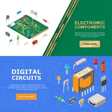 Electronic components vector illustration with digital circuit. Banner template 스톡 일러스트