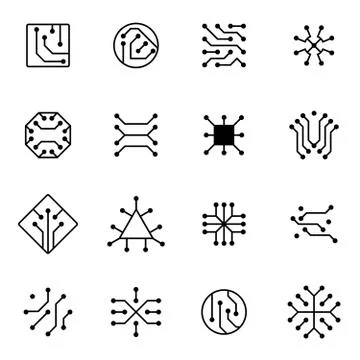 Electronic computer chip circuit and motherboard equipment vector icons 스톡 일러스트