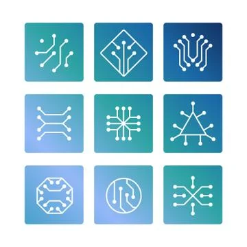 Electronic computer chip circuit and motherboard equipment icons set Stock Illustration