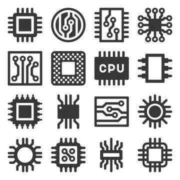 Electronic Computer Chips CPU Icons Set. Vector Stock Illustration
