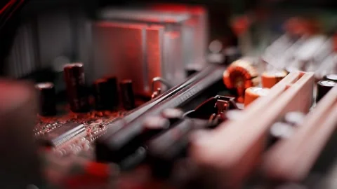 Electronic computer components with dangerous flashing red light Stock Footage 194655101