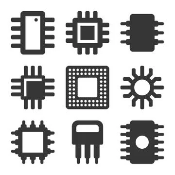 Electronic Computer CPU Chip Icons Set. Vector Stock Illustration