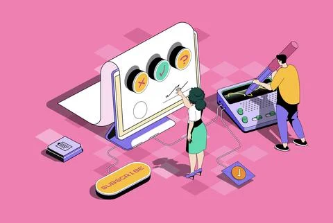 Electronic contract concept in 3d isometric design. Businessman and businessw Stock Illustration