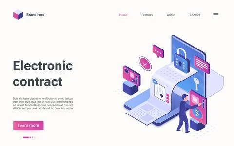 Electronic contract digital technology isometric landing page, certified report Stock Illustration