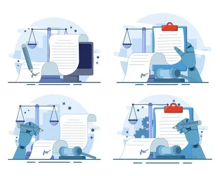 Electronic contract illustration set featuring online document signing Stock Illustration