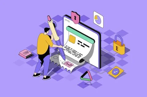 Electronic Contract Isometric Illustration Stock Illustration
