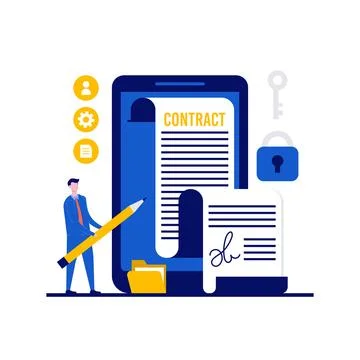 Electronic contract or online contract concept with character. E-contract d.. Stock Illustration