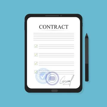 Electronic contract on the tablet, in flat style, business concept, vector Stock Illustration