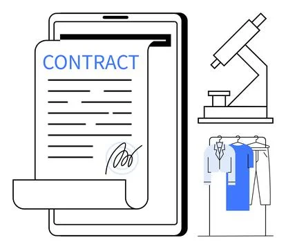 Electronic Contract on Tablet with Microscope and Clothing Rack in Background Illustrazione stock