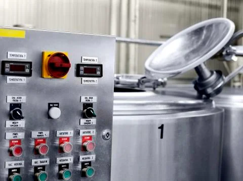 Electronic control panel on the milk factory Stock Photos
