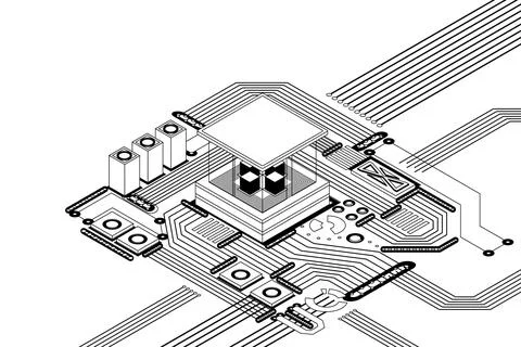 Electronic cpu digital chip monochrome. Processor and electronic components on Stockillustratie