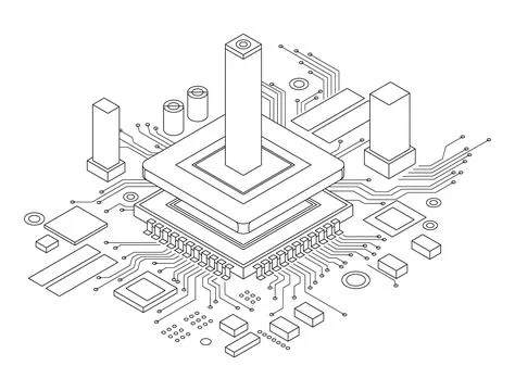 Electronic cpu digital chip monochrome. Processor and electronic components on 스톡 일러스트