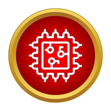 Electronic cpu microchip in a gold framed red circle Illustrazione stock