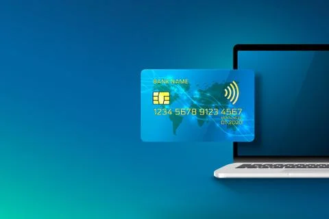 Electronic credit card and computer icon, finance technology, blue background. イラスト素材