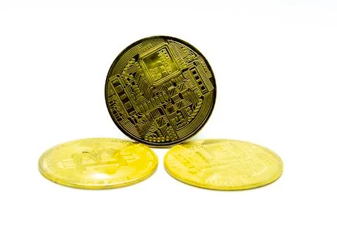 Electronic cryptocurrency close up on a white background Stock Photos