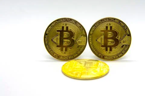 Electronic cryptocurrency close up on a white background Stock Photos