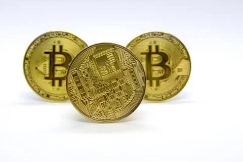 Electronic cryptocurrency close up on a white background Stock Photos