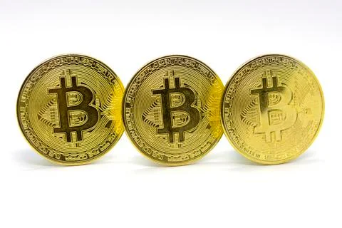 Electronic cryptocurrency close up on a white background Stock Photos