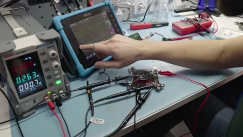 Electronic developer create prototype of new device. An engineer tests a gadget Stock Footage 195660245