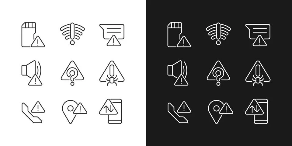 Electronic device issues pixel perfect linear icons set for dark, light mode 스톡 일러스트